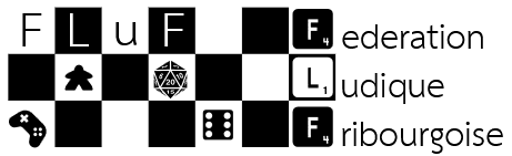 Logo de la FLuF, un damier avec les lettres f, l, u et f ainsi que des dés de jeu sont introduis dans les cases.